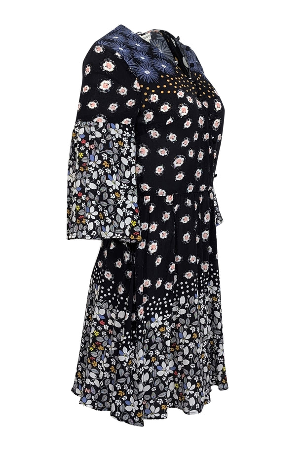 Current Boutique-Suno - Black & Multicolor Floral Long Sleeve Mini Dress Sz 4