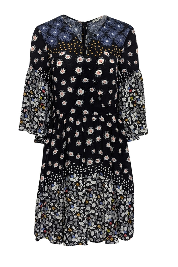Current Boutique-Suno - Black & Multicolor Floral Long Sleeve Mini Dress Sz 4