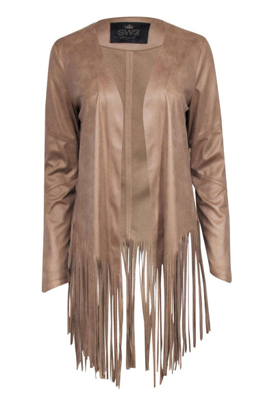 Current Boutique-SW3 - Tan Faux Suede Fringe Cardigan Sz M