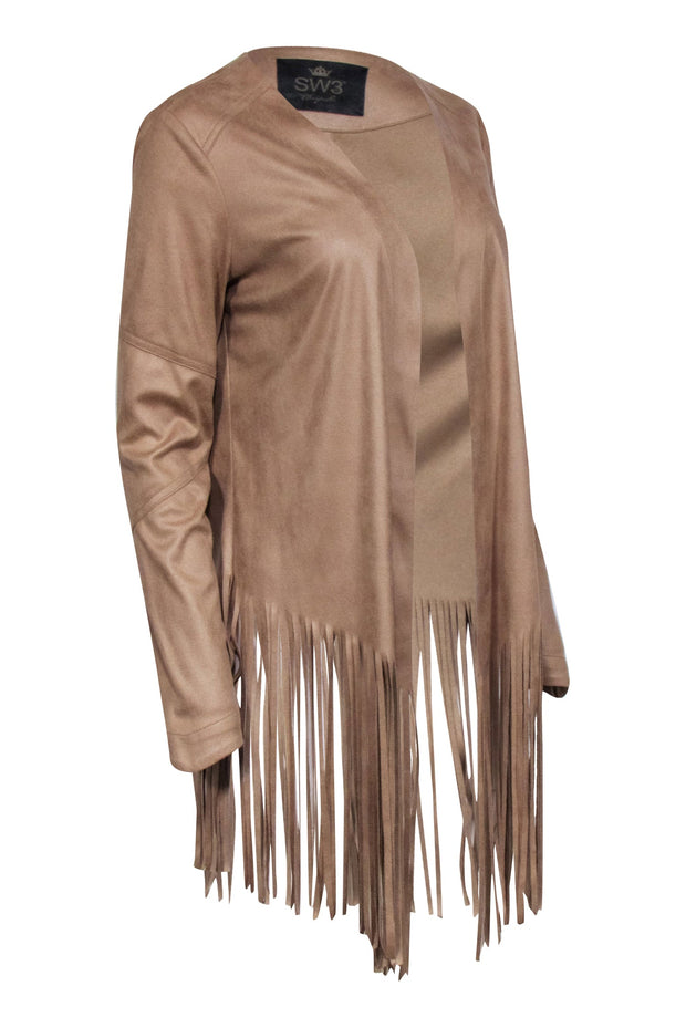 Current Boutique-SW3 - Tan Faux Suede Fringe Cardigan Sz M