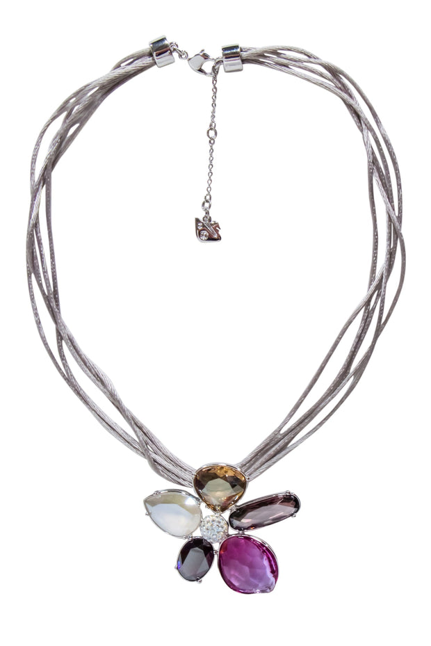 Current Boutique-Swarovski - Grey Vintage Layered Necklace w/ Crystal Pave Flower Pendant