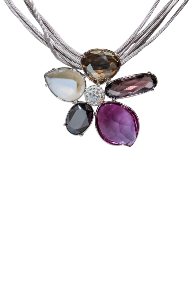 Current Boutique-Swarovski - Grey Vintage Layered Necklace w/ Crystal Pave Flower Pendant