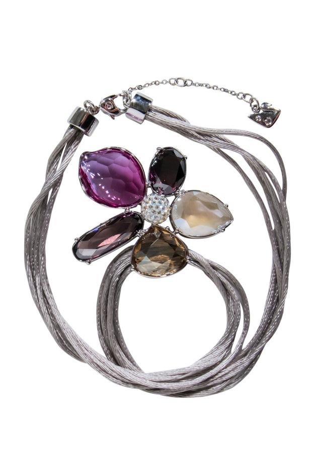 Current Boutique-Swarovski - Grey Vintage Layered Necklace w/ Crystal Pave Flower Pendant