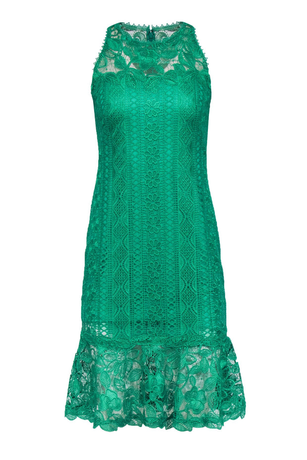 Current Boutique-Tadashi Shoji - Green Floral Eyelet Lace Flounce Hem Dress Sz 6P