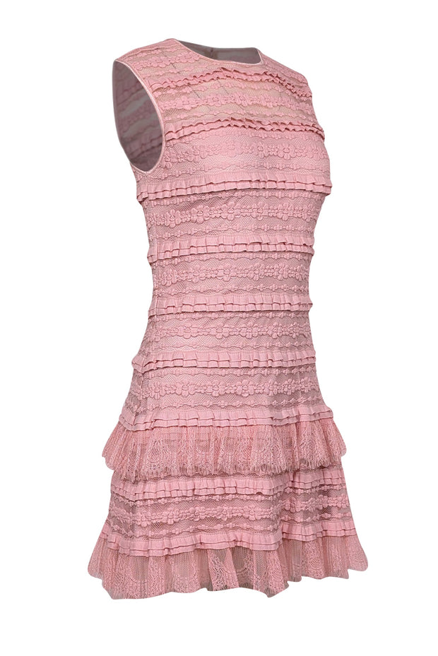 Current Boutique-SHO by Tadashi Shoji - Pink Sleeveless Ruffle Layered Lace Mini Dress Sz S