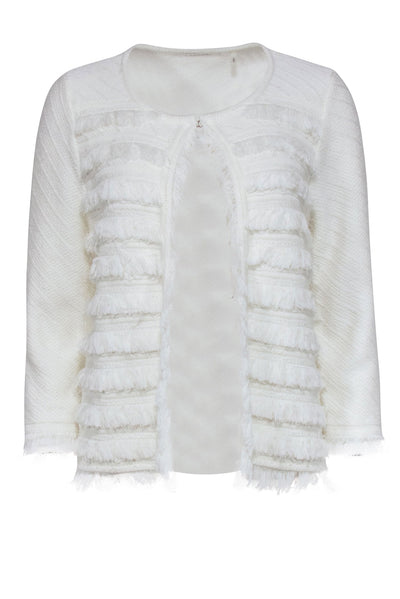 Current Boutique-Tahari - White Collarless Knit Blazer w/ Fraying Sz M