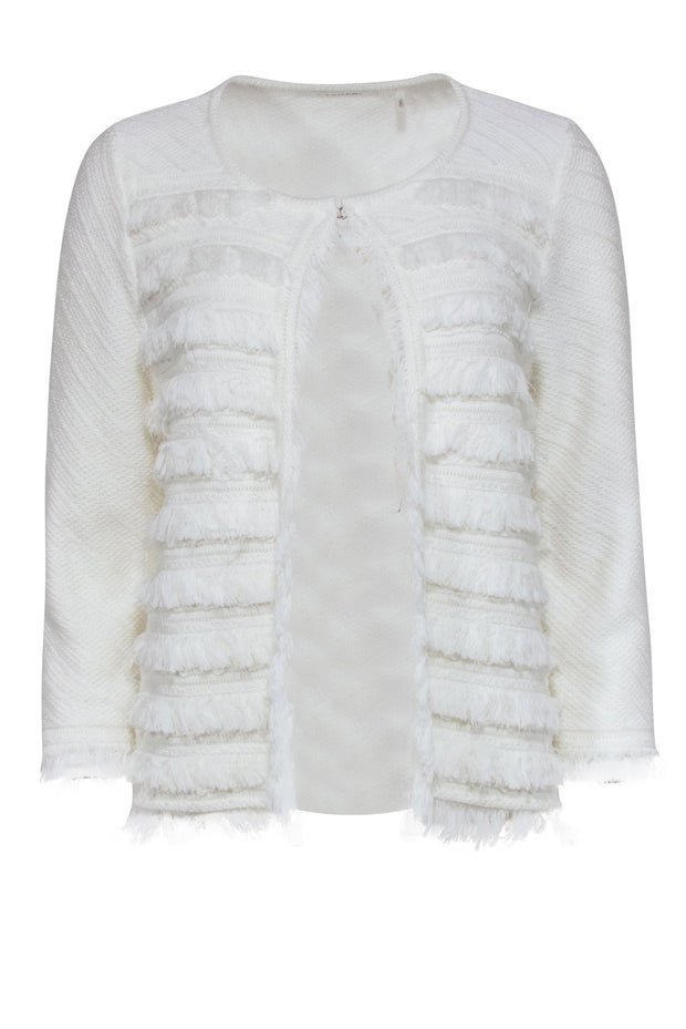 Current Boutique-Tahari - White Collarless Knit Blazer w/ Fraying Sz M