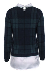 Current Boutique-Tahari - Navy & Green Tartan Plaid Knit Sweater w/ Satin Collar Sz M