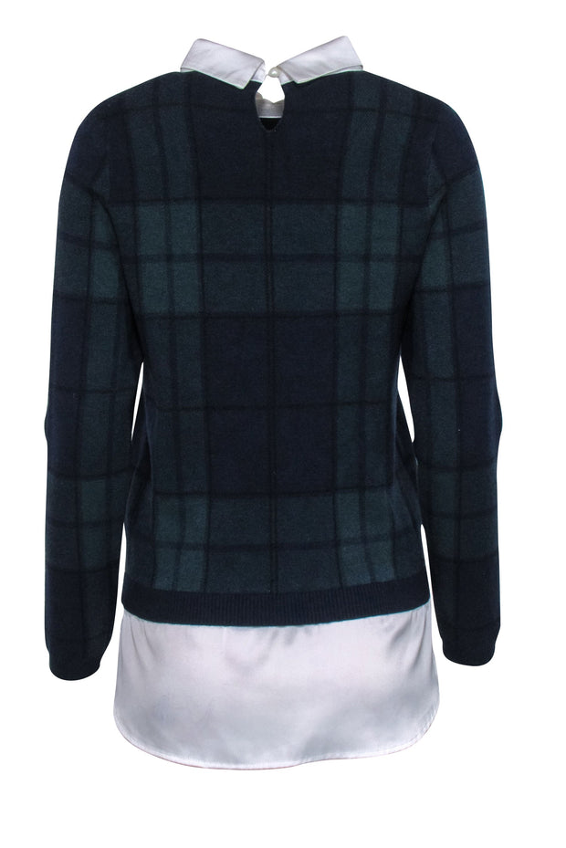 Current Boutique-Tahari - Navy & Green Tartan Plaid Knit Sweater w/ Satin Collar Sz M