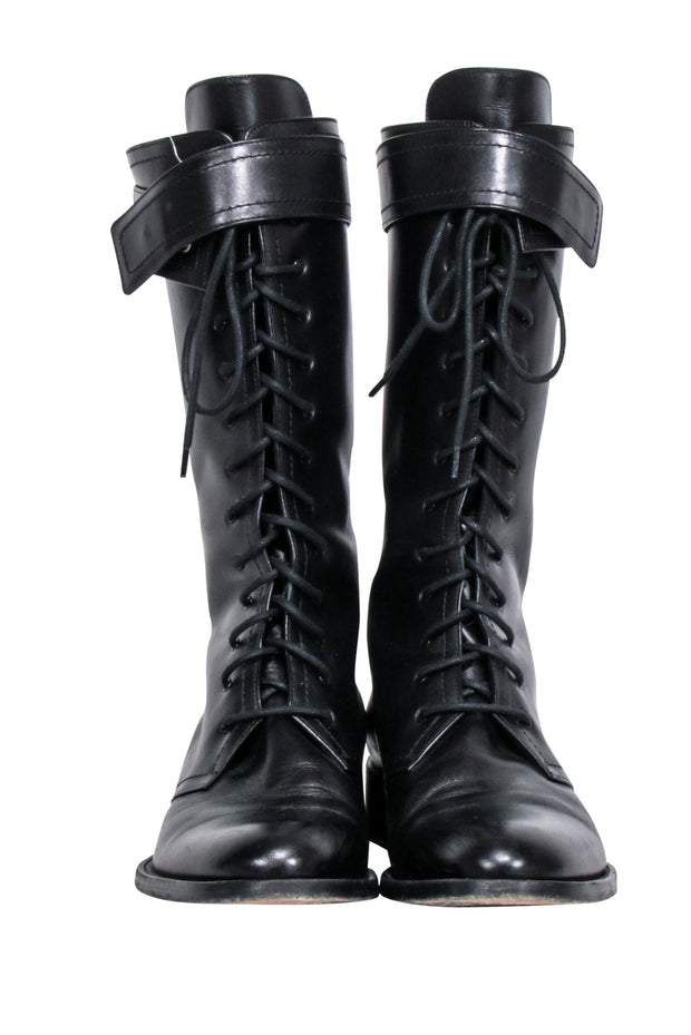Current Boutique-Tamara Mellon - Black Leather Tall Combat Boots Sz 9