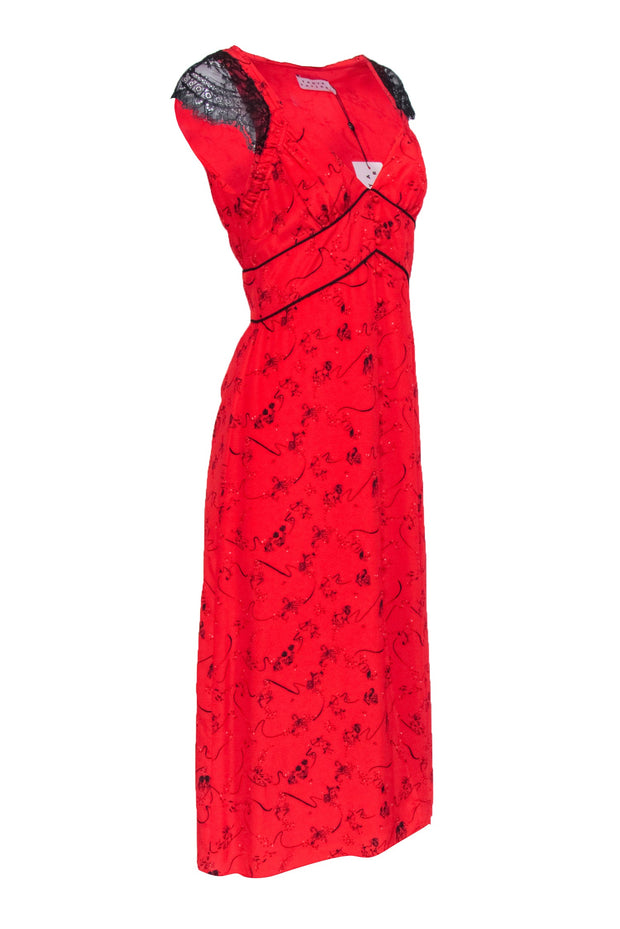 Current Boutique-Tanya Taylor - Red & Black Zodiac Printed Silk Dress w/ Lace Cap Sleeves Sz 0