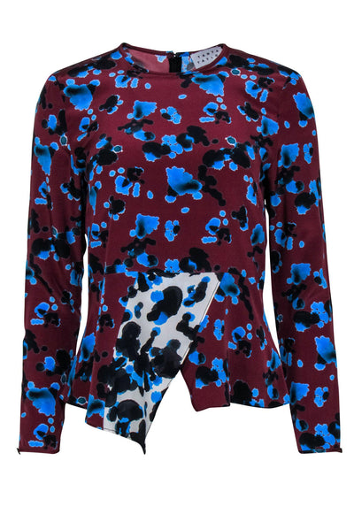Current Boutique-Tanya Taylor - Burgundy Silk Blouse w/ Blue Splatter Pattern Sz 2