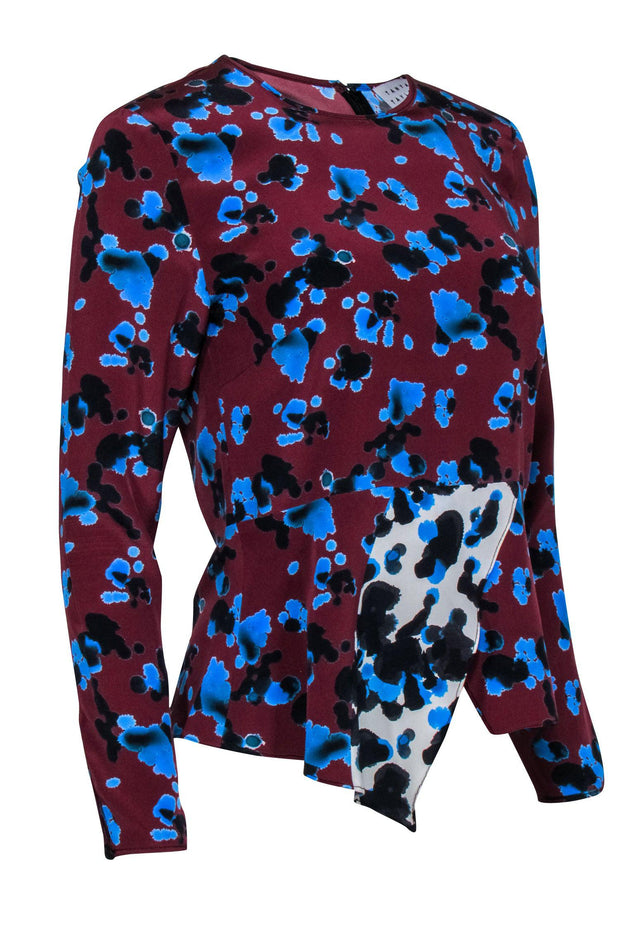 Current Boutique-Tanya Taylor - Burgundy Silk Blouse w/ Blue Splatter Pattern Sz 2