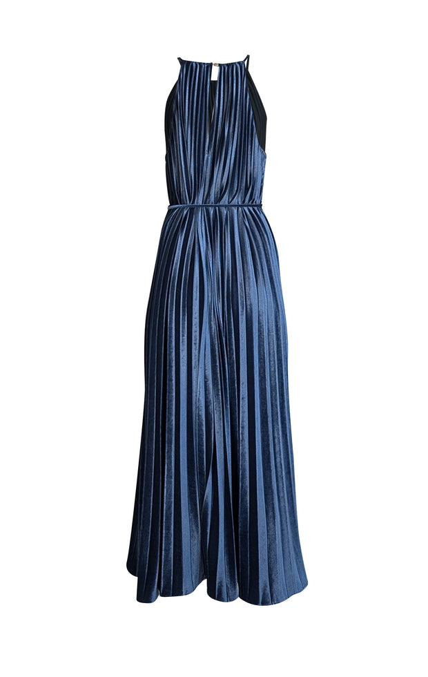 Ted Baker - Blue Velvet Pleated Sleeveless Dress Sz 10 - Current Boutique