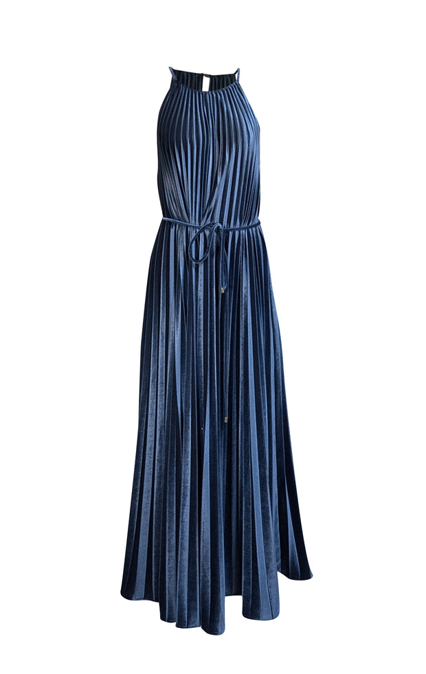 Ted Baker - Blue Velvet Pleated Sleeveless Dress Sz 10 - Current Boutique