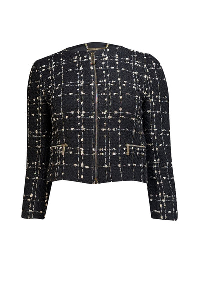 Ted Baker - Black w/ White & Metallic Pattern Bouclé Crop Jacket Sz 2 - Current Boutique
