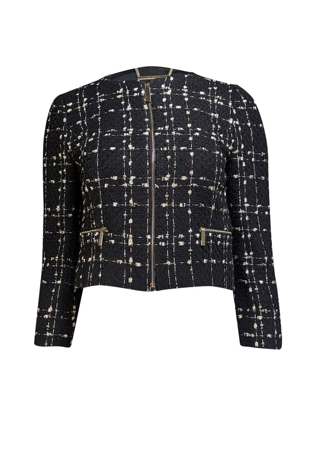 Ted Baker - Black w/ White & Metallic Pattern Bouclé Crop Jacket Sz 2 - Current Boutique
