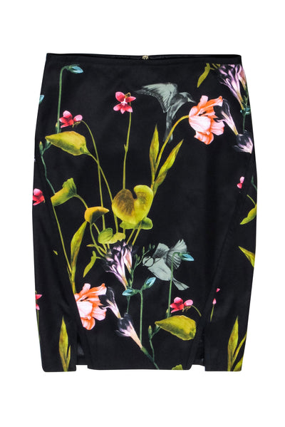 Current Boutique-Ted Baker - Black & Multi Color Floral Hummingbird Print Pencil Skirt Sz 4