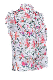 Current Boutique-Ted Baker - White w/ Multi Color Floral Print Ruffle Trim Blouse Sz 6