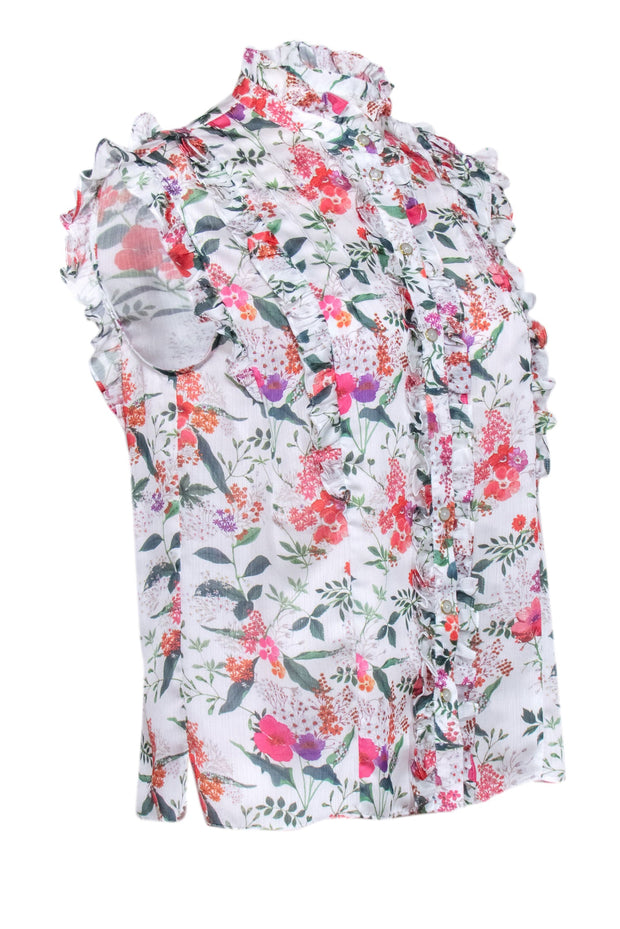 Current Boutique-Ted Baker - White w/ Multi Color Floral Print Ruffle Trim Blouse Sz 6
