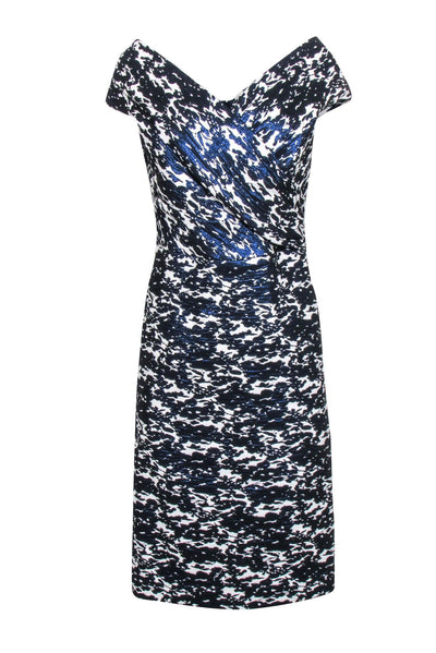 Current Boutique-Teri Jon - Metallic Blue & White Print Off The Shoulder Dress Sz 12