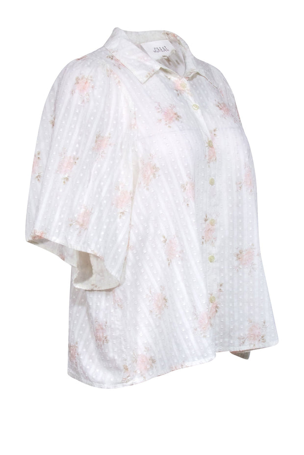 Current Boutique-The Great - Ivory w/ Pink Floral Print Semi Sheer Textured Blouse Sz L