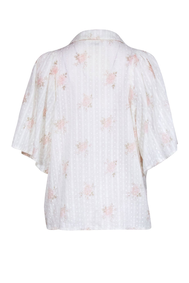 Current Boutique-The Great - Ivory w/ Pink Floral Print Semi Sheer Textured Blouse Sz L