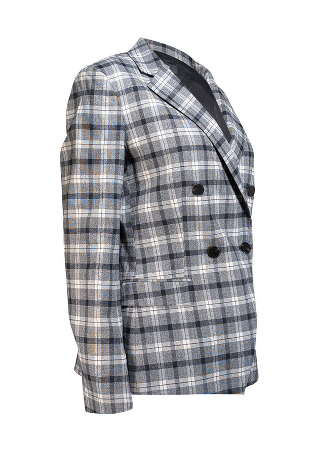 Theory - Grey, Black, & White Plaid Wool Blazer Sz 10 - Current Boutique