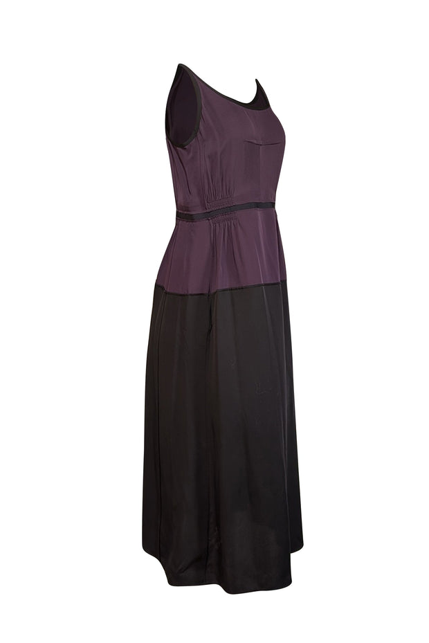 Current Boutique-Theory - Dark Purple & Black Sleeveless Silk Midi Dress Sz 8