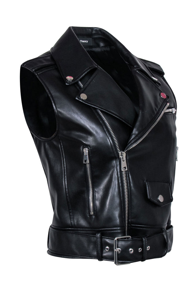 Current Boutique-Theory - Black Faux Leather Moto Zip Vest Sz S