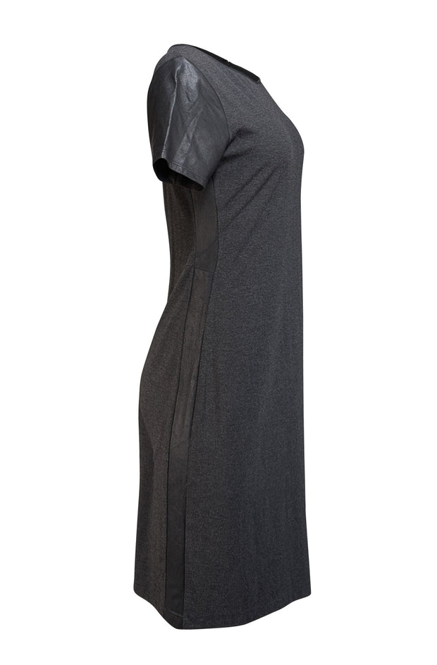 Theory - Grey Knit with Leather Trim shift " Leilana" Dress Sz 10 - Current Boutique