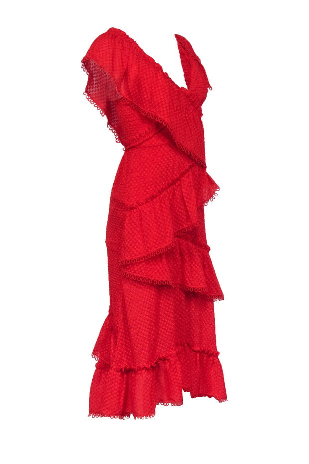 Current Boutique-Three Floor - Red Textured Off The Shoulder Tiered Gown Sz 2
