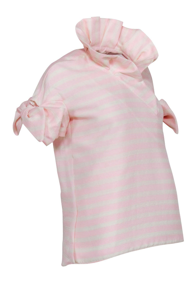 Current Boutique-Tish Cox - Pink & Cream Striped Collared Blouse w/ Tied Sleeves Sz S