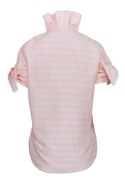 Current Boutique-Tish Cox - Pink & Cream Striped Collared Blouse w/ Tied Sleeves Sz S