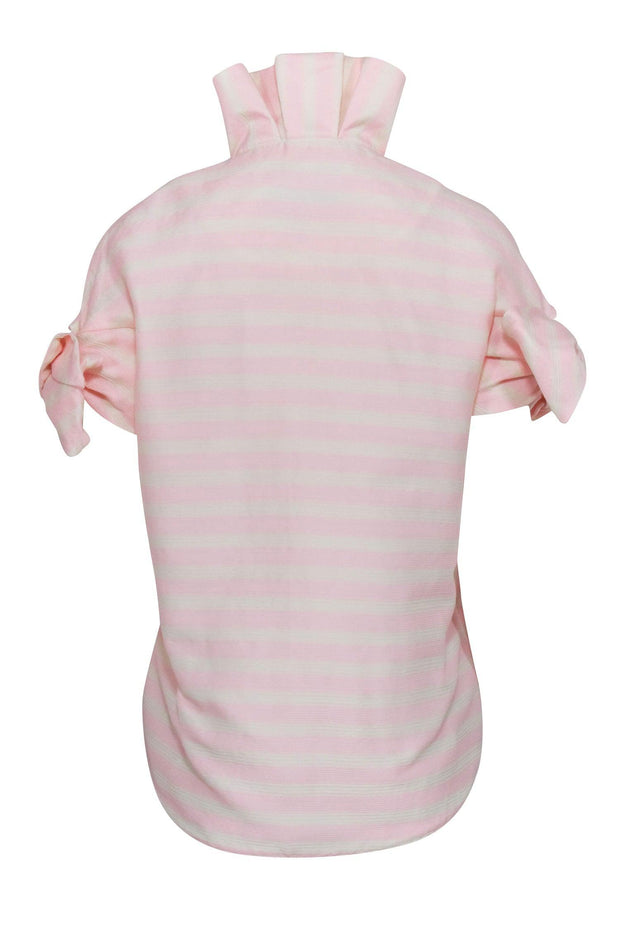 Current Boutique-Tish Cox - Pink & Cream Striped Collared Blouse w/ Tied Sleeves Sz S