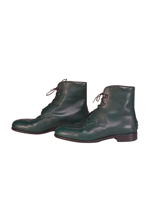 Tod's - Green Pebbled Leather Lace Up Short Boots Sz 9 - Current Boutique
