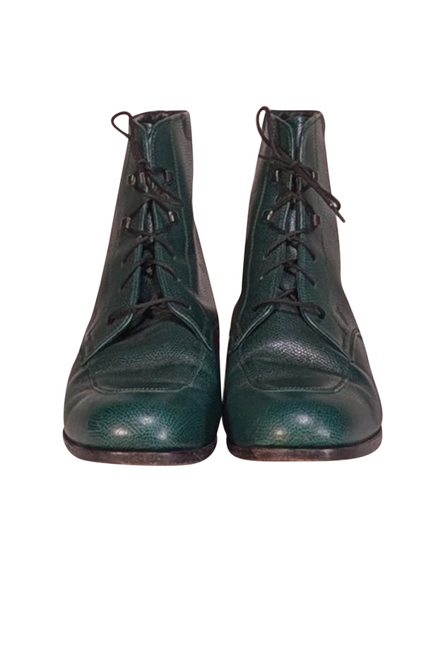 Tod's - Green Pebbled Leather Lace Up Short Boots Sz 9 - Current Boutique