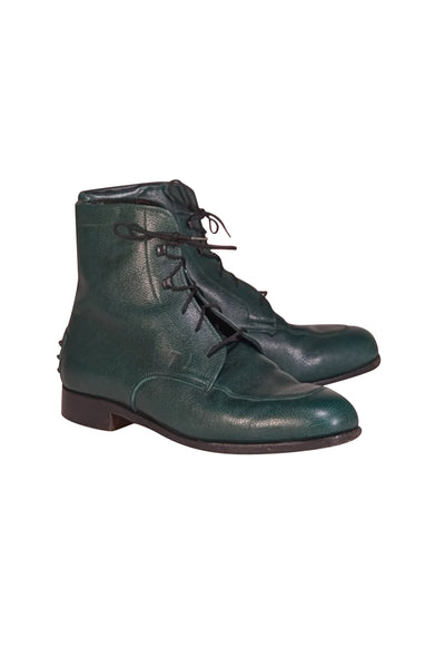 Tod's - Green Pebbled Leather Lace Up Short Boots Sz 9 - Current Boutique