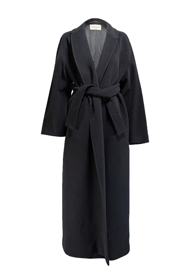 Tombolini - Black Wool & Orylag Fur Open Front Coat w/ Tie Belt Sz L - Current Boutique
