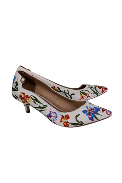 Current Boutique-Tory Burch - Ivory & Multi Color Floral Embroidered Low Heels Sz 9.5