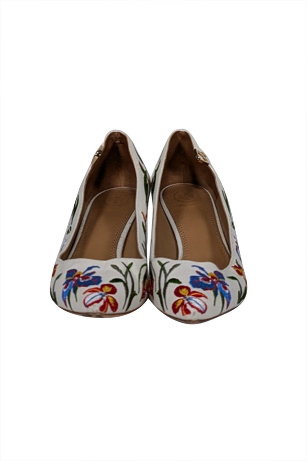 Current Boutique-Tory Burch - Ivory & Multi Color Floral Embroidered Low Heels Sz 9.5