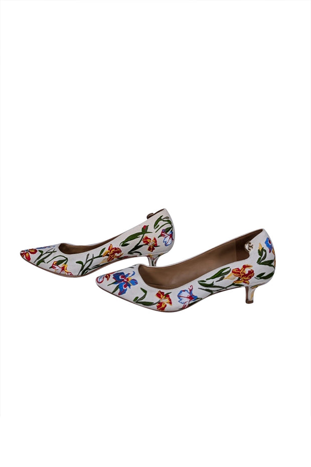 Current Boutique-Tory Burch - Ivory & Multi Color Floral Embroidered Low Heels Sz 9.5