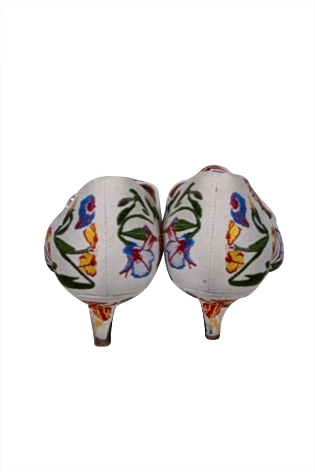 Current Boutique-Tory Burch - Ivory & Multi Color Floral Embroidered Low Heels Sz 9.5