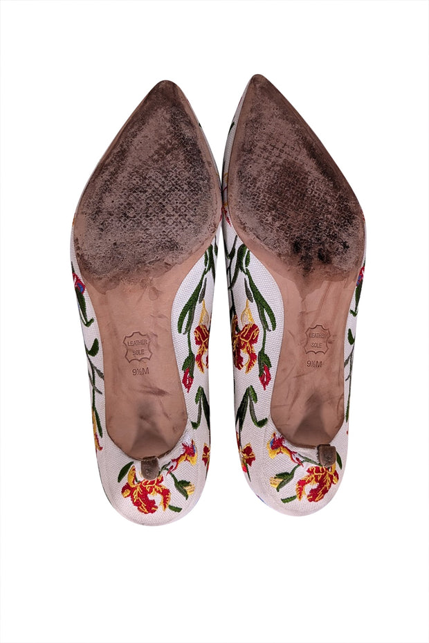 Current Boutique-Tory Burch - Ivory & Multi Color Floral Embroidered Low Heels Sz 9.5