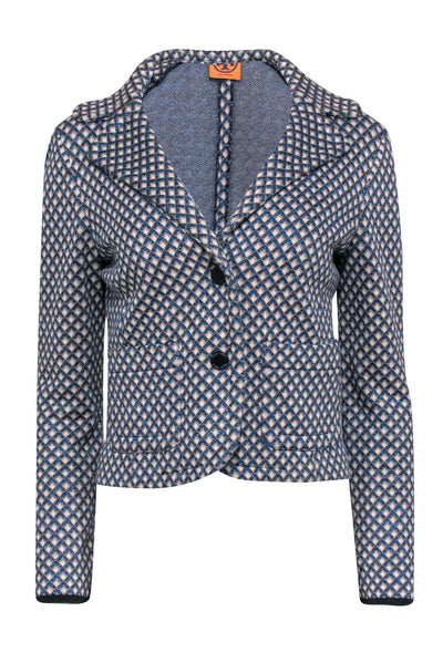 Current Boutique-Tory Burch - Blue Metallic and Beige Diamond Print Knit Blazer Sz S