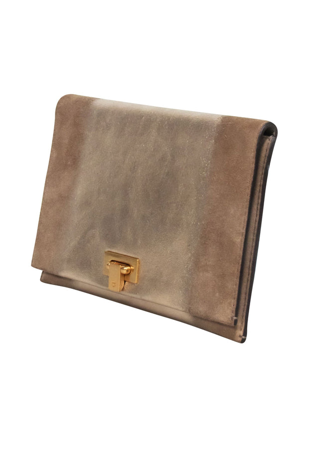 Current Boutique-Tory Burch - Gold & Beige Leather & Suede Fold Over Clutch