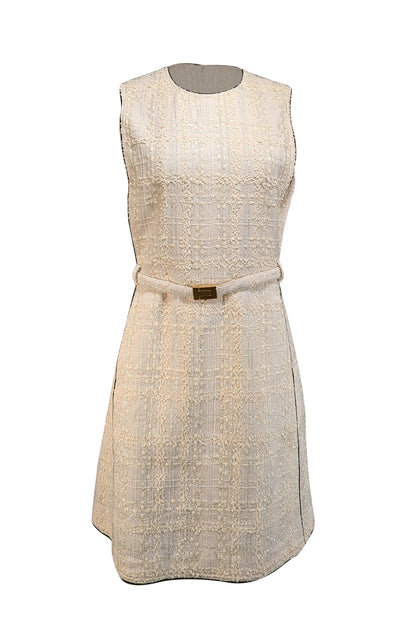 Tory Burch - Cream Metallic Boucle Belted Dress Sz 12 - Current Boutique