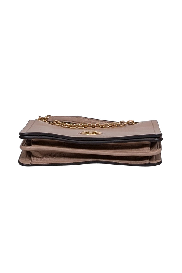 Current Boutique-Tory Burch - Deep Beige Pebbled Leather Crossbody w/ Gold Chain Strap