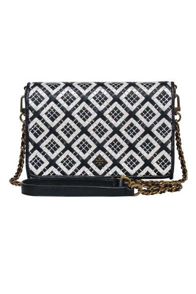 Current Boutique-Tory Burch - Black & Cream Leather Diamond Print Crossbody Bag