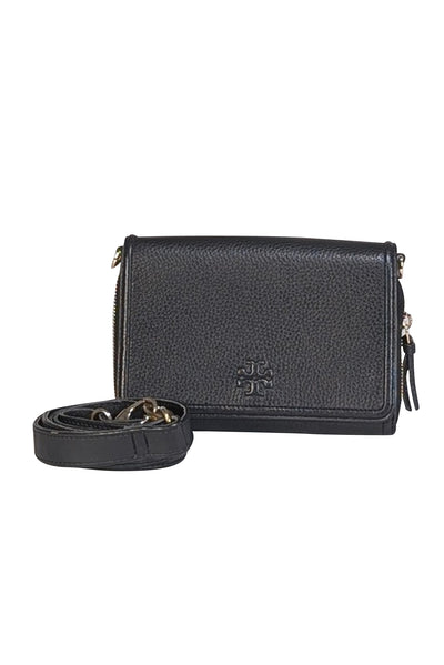 Tory Burch - Black Pebbled Leather Front Flap Crossbody Bag - Current Boutique